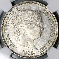 1868 (68) NGC AU-58 Spain 2 Escudos Isabel 2 Madrid Mint Silver Crown Coin (24092907D)