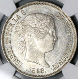 1868 (68) NGC AU-58 Spain 2 Escudos Isabel 2 Madrid Mint Silver Crown Coin (24092907D)
