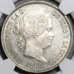 1868 (68) NGC AU-58 Spain 2 Escudos Isabel 2 Madrid Mint Silver Crown Coin (24092907D)