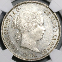 1868 (68) NGC AU-58 Spain 2 Escudos Isabel 2 Madrid Mint Silver Crown Coin (24092907D)