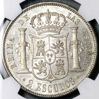 1868 (68) NGC AU-58 Spain 2 Escudos Isabel 2 Madrid Mint Silver Crown Coin (24092907D)
