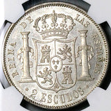 1868 (68) NGC AU-58 Spain 2 Escudos Isabel 2 Madrid Mint Silver Crown Coin (24092907D)
