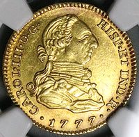 1777 NGC AU 58 Spain 2 Escudos Charles III Madrid Gold Coin POP 1/2 (23060901C)