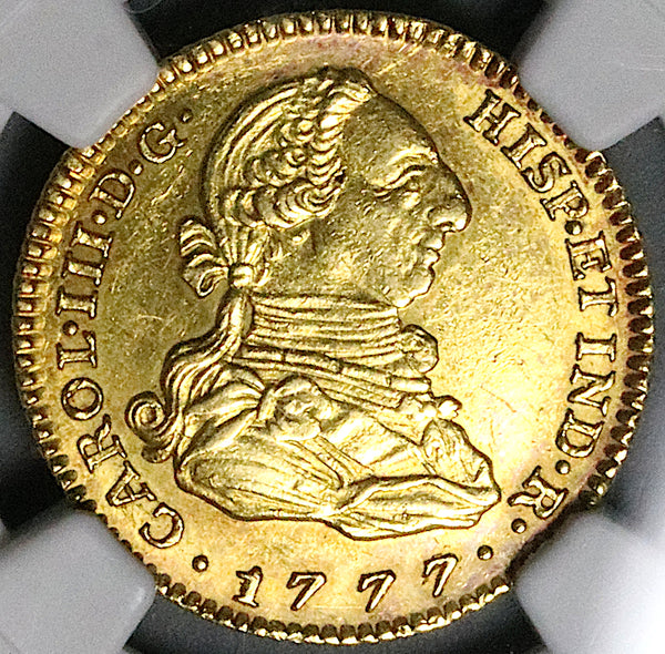 1777 NGC AU 58 Spain 2 Escudos Charles III Madrid Gold Coin POP 1/2 (23060901C)