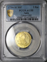 1794 PCGS AU 55 Spain 2 Escudos Charles IV Madrid Gold Coin POP 3/1 (23080301D)