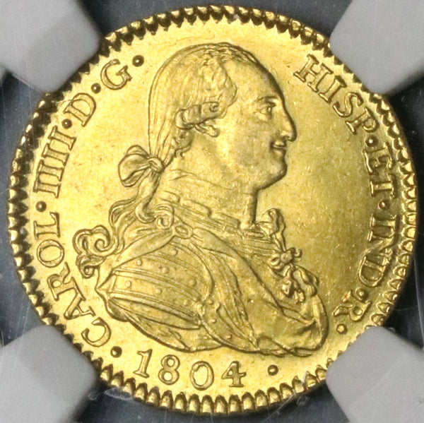 1804 NGC MS 63 Spain 2 Escudos Charles IV Madrid Gold Overassayer Coin (23083101D)