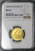 1804 NGC MS 63 Spain 2 Escudos Charles IV Madrid Gold Overassayer Coin (23083101D)