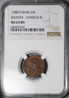 1788/9 NGC MS 63 Spain 2 Maravedis Charles III Segovia Mint Overdate Coin Pop 1/1 (24091101D)