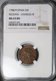 1788/9 NGC MS 63 Spain 2 Maravedis Charles III Segovia Mint Overdate Coin Pop 1/1 (24091101D)