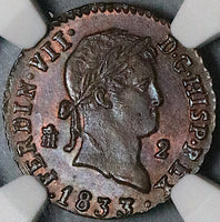 1833 NGC MS 64 Spain 2 Maravedis Segovia Mint Ferdinand VII Coin Pop 1/1 (24111001C)