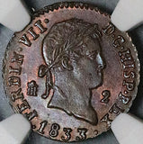 1833 NGC MS 64 Spain 2 Maravedis Segovia Mint Ferdinand VII Coin Pop 1/1 (24111001C)