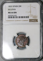 1833 NGC MS 64 Spain 2 Maravedis Segovia Mint Ferdinand VII Coin Pop 1/1 (24111001C)