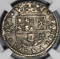 1711 NGC AU 55 Spain 2 Reales Carlos III Barcelona Pretender Coin  (23100801C)