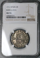 1711 NGC AU 55 Spain 2 Reales Carlos III Barcelona Pretender Coin  (23100801C)