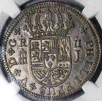 1718-J NGC AU 50 Spain 2 Reales Philip V Silver Segovia Coin POP 2/5 (24060901C)