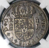 1718-J NGC AU 50 Spain 2 Reales Philip V Silver Segovia Coin POP 2/5 (24060901C)