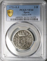 1721-S PCGS VF 30 Spain 2 Reales 7/7 Philip V Seville Mint Error Silver Coin (25100205C)