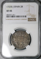 1723-S NGC XF 45 Spain 2 Reales Philip V Seville Mint Silver Coin (23100601C)