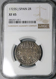1723-S NGC XF 45 Spain 2 Reales Philip V Seville Mint Silver Coin (23100601C)