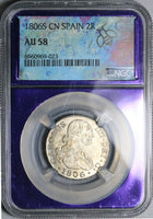 1806-S NGC AU 58 Spain 2 Reales Charles IV Seville Mint Silver Coin (25022801C)