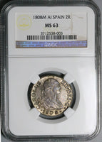 1808-M NGC MS 63 Spain 2 Reales Charles IV Madrid Silver Coin POP 2/3 (23060104C)