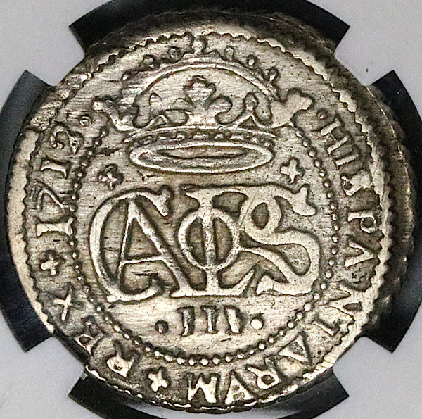 1712 NGC AU 53 Spain 2 Reales Carlos III Silver Barcelona Austria Pretender Coin (23072003C)