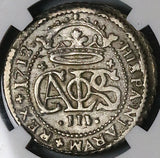 1712 NGC AU 53 Spain 2 Reales Carlos III Silver Barcelona Austria Pretender Coin (23072003C)