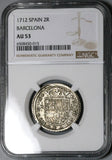 1712 NGC AU 53 Spain 2 Reales Carlos III Silver Barcelona Austria Pretender Coin (23072003C)