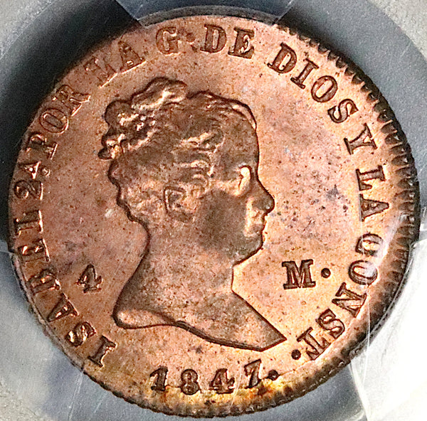 1847-JA PCGS MS 63 RB Spain 4 Maravedis Isabel 2 Jubia Mint Copper Coin (24092401D)
