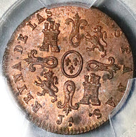 1847-JA PCGS MS 63 RB Spain 4 Maravedis Isabel 2 Jubia Mint Copper Coin (24092401D)