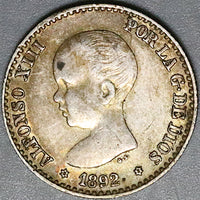 1892 (22) Spain 50 Centimos Mint Error XF King Alfonso XII Silver Coin (25060801R)