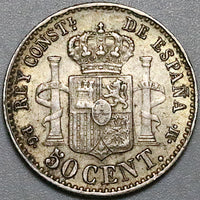 1892 (22) Spain 50 Centimos Mint Error XF King Alfonso XII Silver Coin (25060801R)