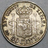 1892 (22) Spain 50 Centimos Mint Error XF King Alfonso XII Silver Coin (25060801R)