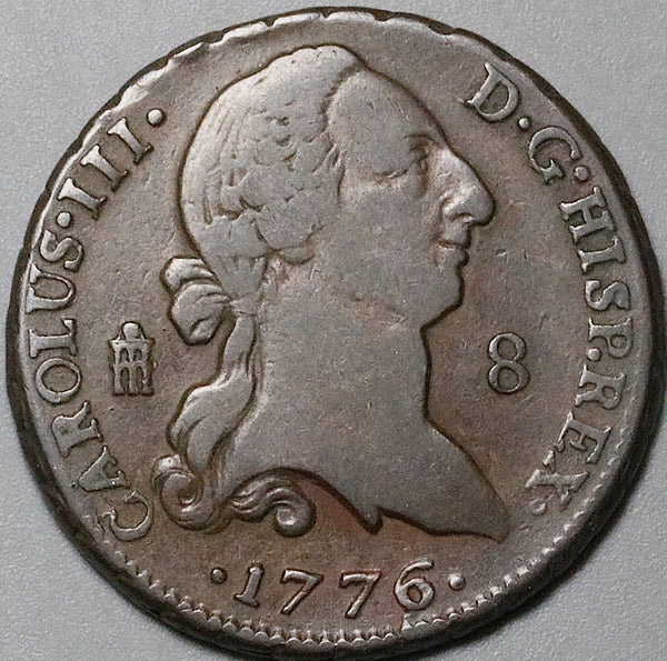 1776 Spain 8 Maravedis Charles III VF Segovia Colonial Copper Coin (25071601R)