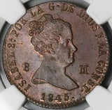 1845-JA NGC MS 62 Spain 8 Maravedis Isabel 2 Jubia Mint Copper Coin POP 1/0 (24102702D)