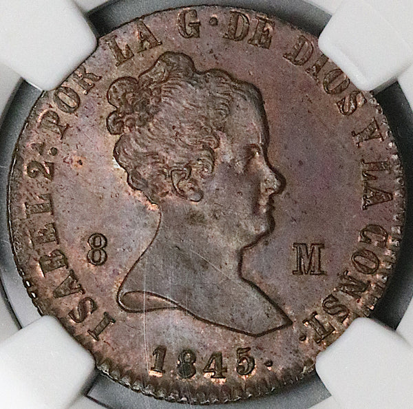 1845-JA NGC MS 62 Spain 8 Maravedis Isabel 2 Jubia Mint Copper Coin POP 1/0 (24102702D)