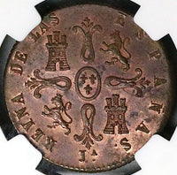 1845-JA NGC MS 62 Spain 8 Maravedis Isabel 2 Jubia Mint Copper Coin POP 1/0 (24102702D)