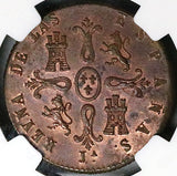 1845-JA NGC MS 62 Spain 8 Maravedis Isabel 2 Jubia Mint Copper Coin POP 1/0 (24102702D)