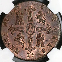 1845-JA NGC MS 62 Spain 8 Maravedis Isabel 2 Jubia Mint Copper Coin POP 1/0 (24102702D)