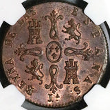 1845-JA NGC MS 62 Spain 8 Maravedis Isabel 2 Jubia Mint Copper Coin POP 1/0 (24102702D)