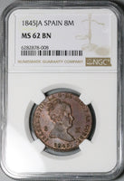 1845-JA NGC MS 62 Spain 8 Maravedis Isabel 2 Jubia Mint Copper Coin POP 1/0 (24102702D)