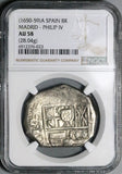 1650 NGC AU 58 Spain 8 Reales Madrid Mint Philip IV Cob Silver Coin POP 1/1 (24112001D)