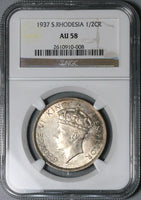 1937 NGC AU 58 Southern Rhodesia 1/2 Crown George VI Sterling Silver Coin (25042803C)