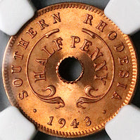 1943 NGC MS 65 RD Southern Rhodesia 1/2 Penny Full Red Coin (24022501C)