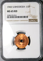 1943 NGC MS 65 RD Southern Rhodesia 1/2 Penny Full Red Coin (24022501C)