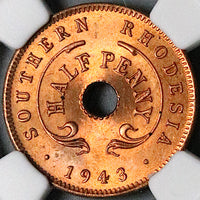 1943 NGC MS 65 RD Southern Rhodesia 1/2 Penny George VI Full Red Coin (24092204C