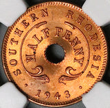 1943 NGC MS 65 RD Southern Rhodesia 1/2 Penny George VI Full Red Coin (24092204C
