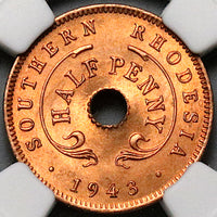 1943 NGC MS 66 RD Southern Rhodesia 1/2 Penny George VI Full RED Coin Pop 4/1 (25042901C)