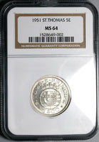 1951 NGC MS64 St Thomas Prince Island 5 Escudos Silver 72k Vintage Holder Coin (25042701C)