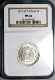 1951 NGC MS64 St Thomas Prince Island 5 Escudos Silver 72k Vintage Holder Coin (25042701C)